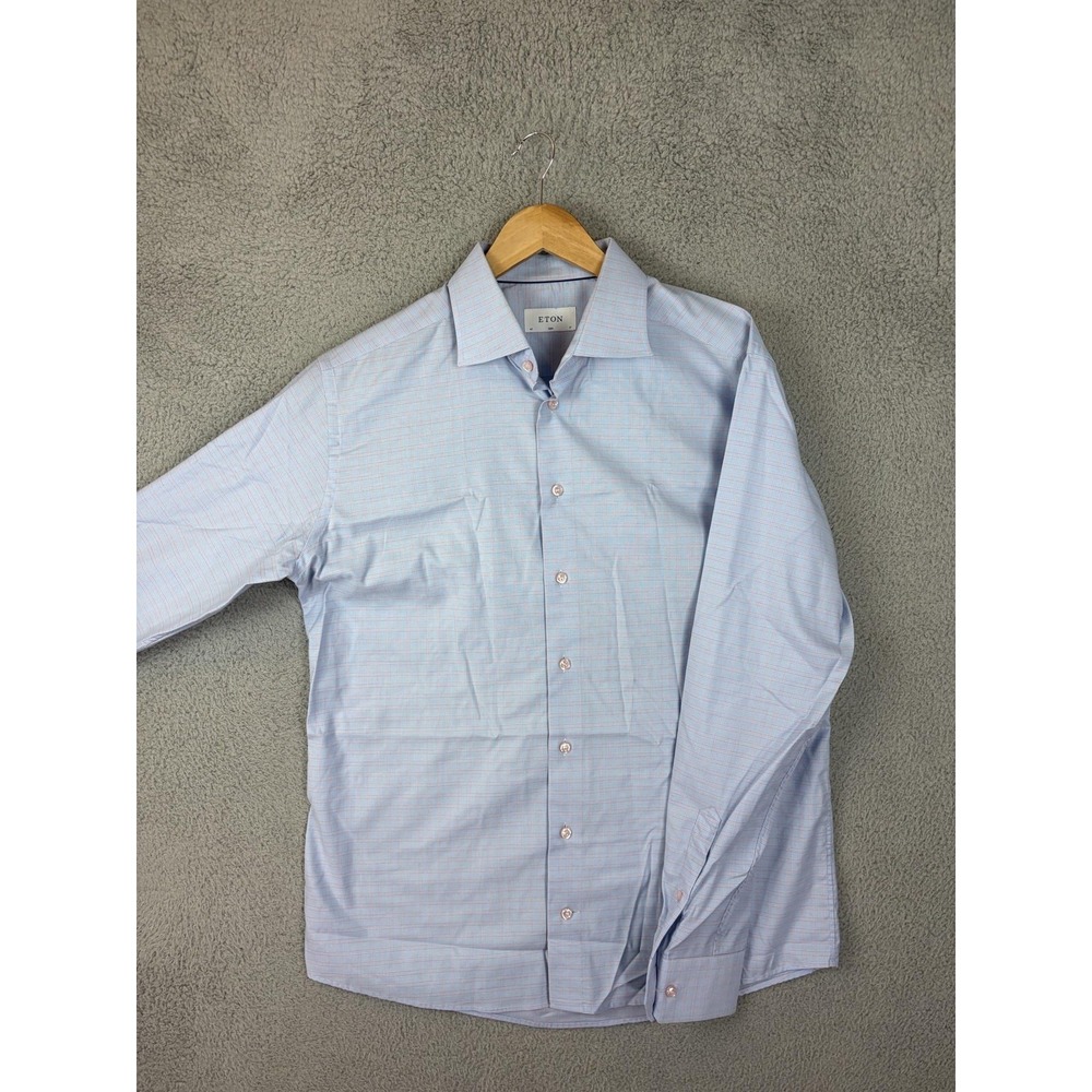Eton Mens 17 Blue Check Slim Fit Dress Shirt Long Sleeve Cotton Button Front